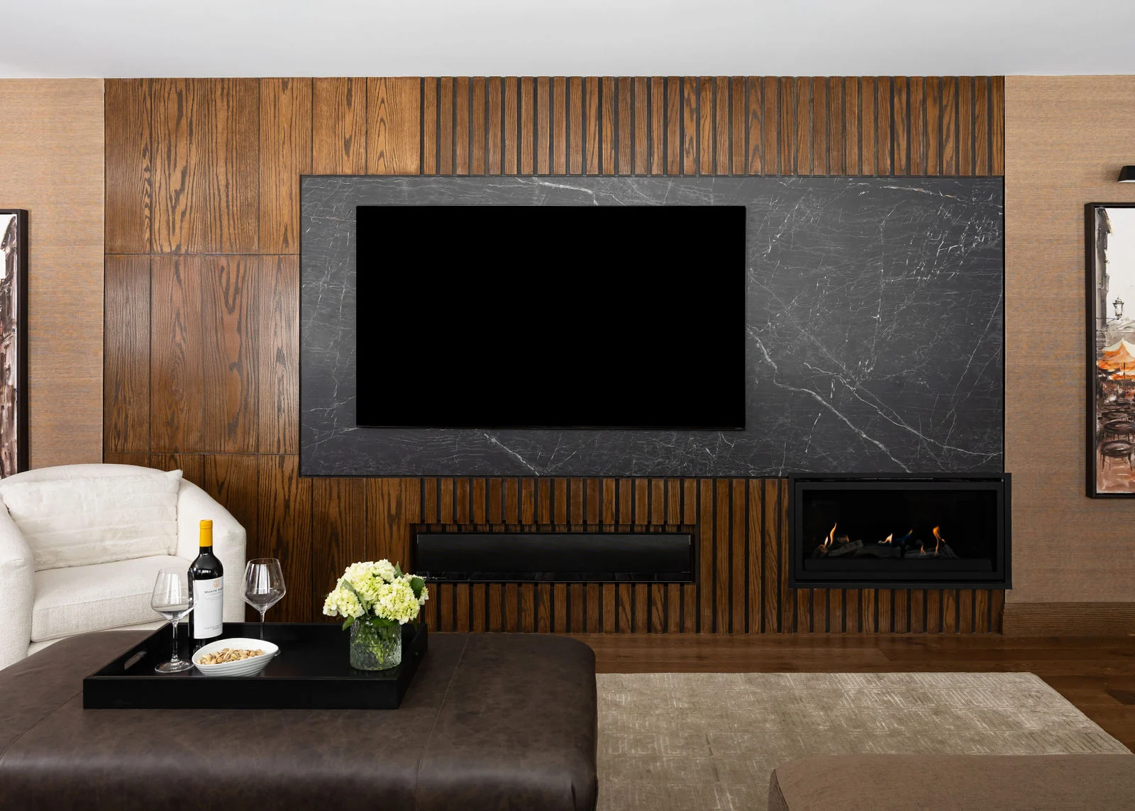 Stone fireplace and built-in cabinetry