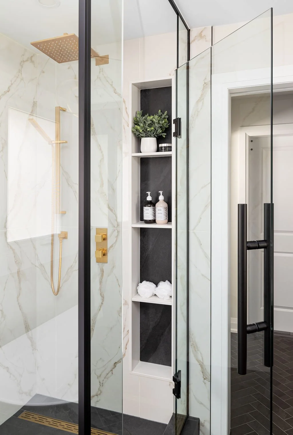 Glass shower enclosure with a tall recessed storage niche at Devlin II